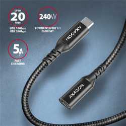 Kábel Axagon  BUCM32-CF10AB  USB C hosszabbító, 20GBPS, 240W, 1m, fonott, fekete