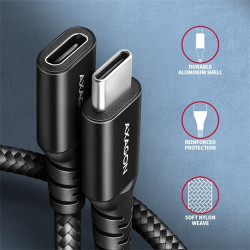 Kábel Axagon  BUCM32-CF10AB  USB C hosszabbító, 20GBPS, 240W, 1m, fonott, fekete