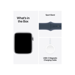 Apple Watch SE (2023) GPS 44mm ezüst alumíniumtok, viharkék sportszíj S/M (MREC3QH/A / MREC3QF/A)