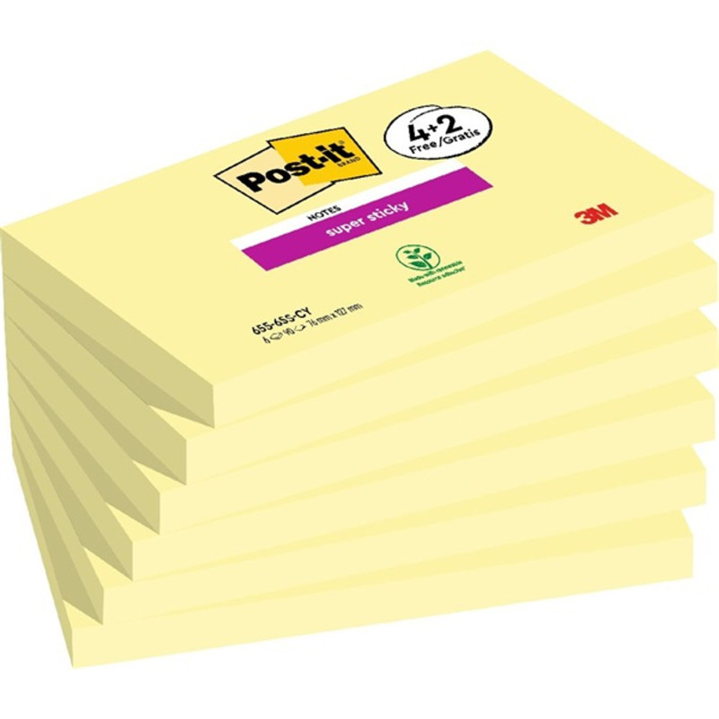 Post-it Super Sticky 655-SSCY 76x127mm 90lapos 4+2 tömb kanárisárga öntapadós jegyzettömb Post-it Super Sticky 655-SSCY 76x127mm 90lapos 4+2 tömb kanárisárga öntapadós jegyzettömb