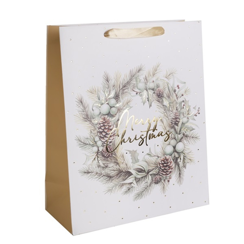 Iris boldog karácsonyt koszorú papírtasak matt fehér/arany 18*23 cm Iris boldog karácsonyt koszorú papírtasak matt fehér/arany 18*23 cm