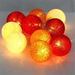 IRIS Gömb alakú 6cm/színes fonott/1,5m/piros-narancs-meleg fehér/10db LED-es/USB-s fénydekoráció  (104-10)