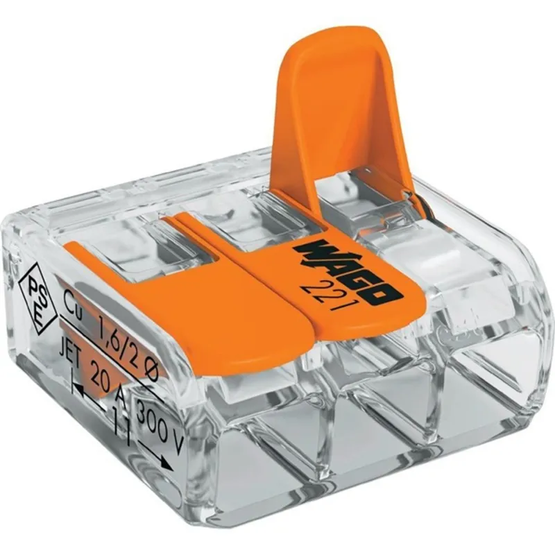 WAGO 221-613 30db/csomag 41A/450V leágazás 3x 0,5-6mm2 átlátszó vezetékösszekötő WAGO 221-613 30db/csomag 41A/450V leágazás 3x 0,5-6mm2 átlátszó vezetékösszekötő