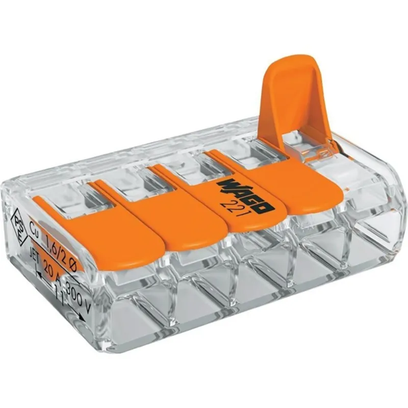 WAGO 221-615 15db/csomag 41A/450V leágazás 5x 0,5-6mm2 átlátszó vezetékösszekötő WAGO 221-615 15db/csomag 41A/450V leágazás 5x 0,5-6mm2 átlátszó vezetékösszekötő
